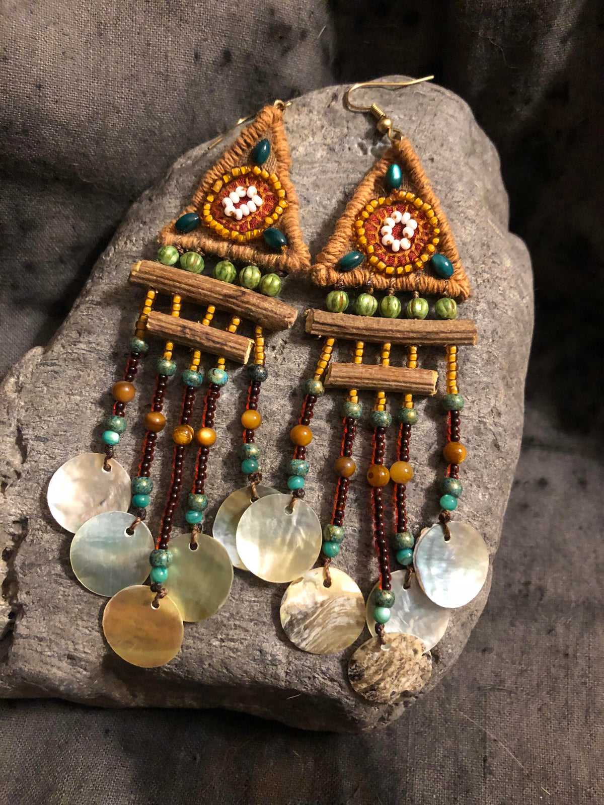 Handwoven Shell & Wood Stick Earrings in Sterling Silver – Coastal Tribal Elegance」