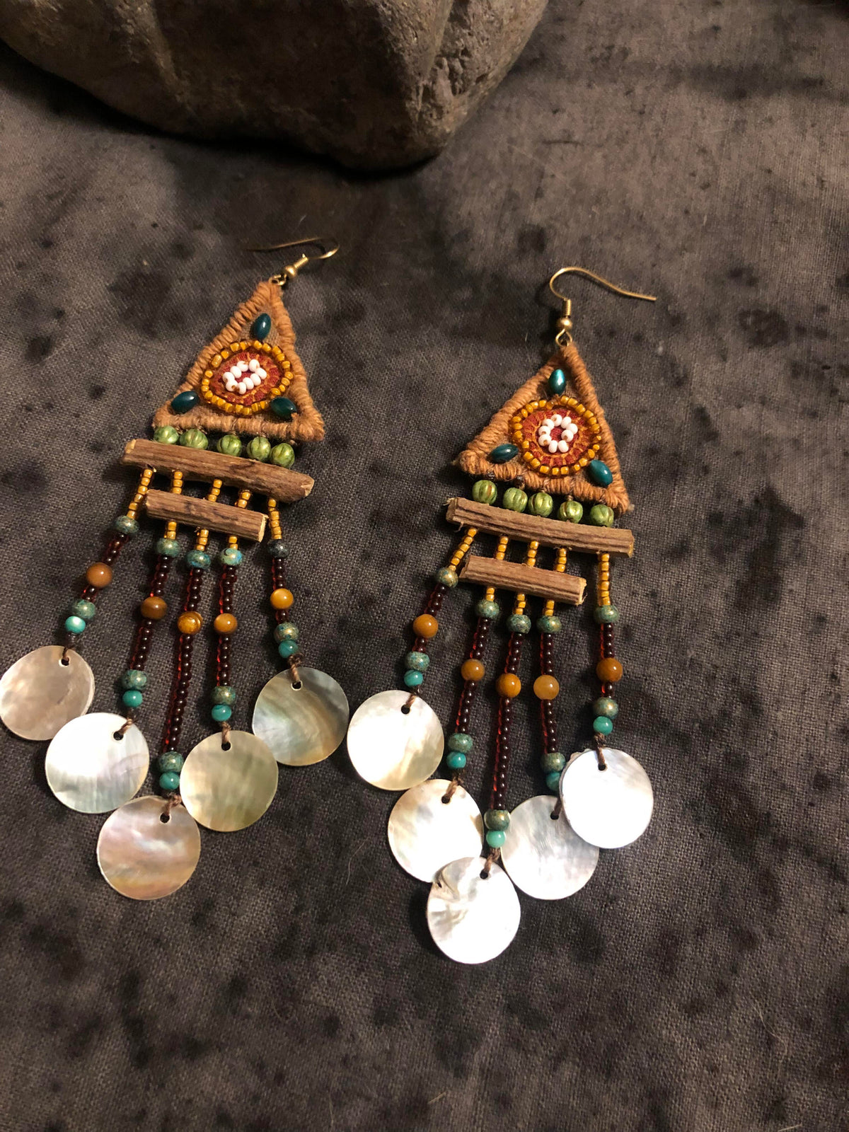 Handwoven Shell & Wood Stick Earrings in Sterling Silver – Coastal Tribal Elegance」