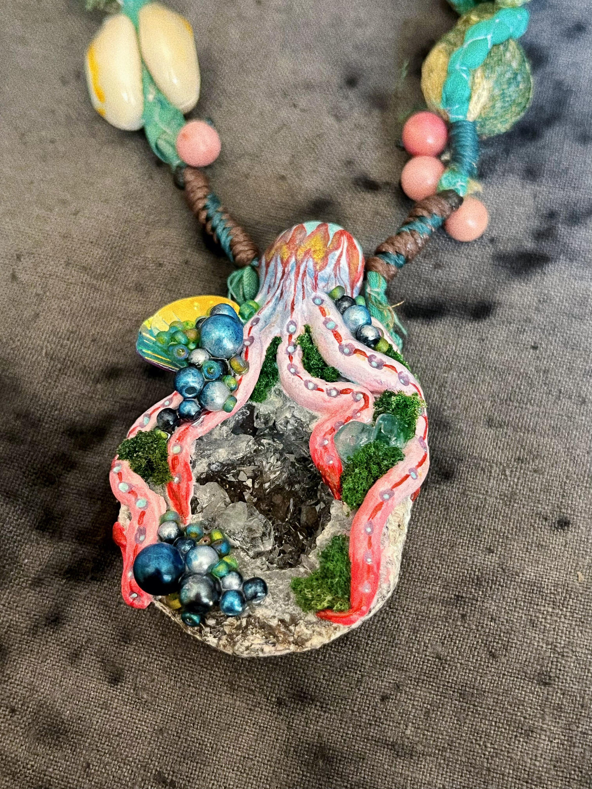 Hand-Painted Deep Sea Octopus Shell Necklace – Mystical Ocean Talisman」