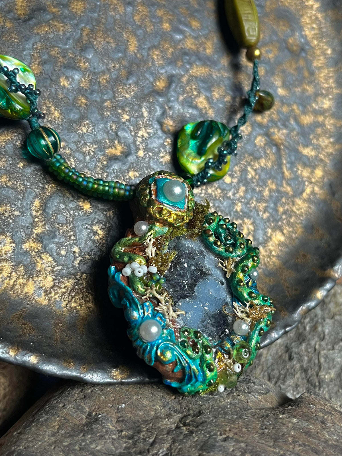 Rainforest Crystal Necklace – Hand-Painted Stone Amulet from the forest