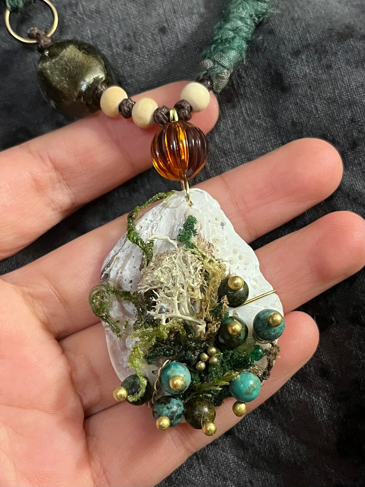 Bold Statement Shell & Malachite Beaded Pendant Necklace