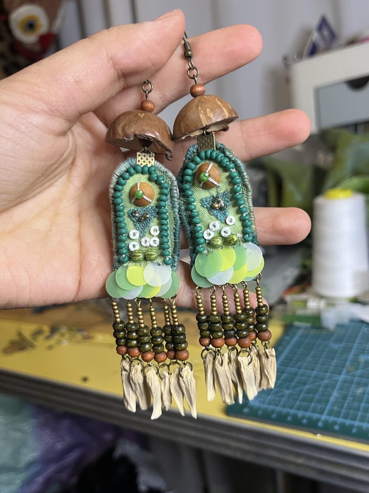 Bohemian Rainbow Wood Feather Woven Earrings – Artisan Statement Dangles