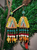 Bohemian Rainbow Fringe Earrings – Handwoven Gemstone & Fabric Tassels