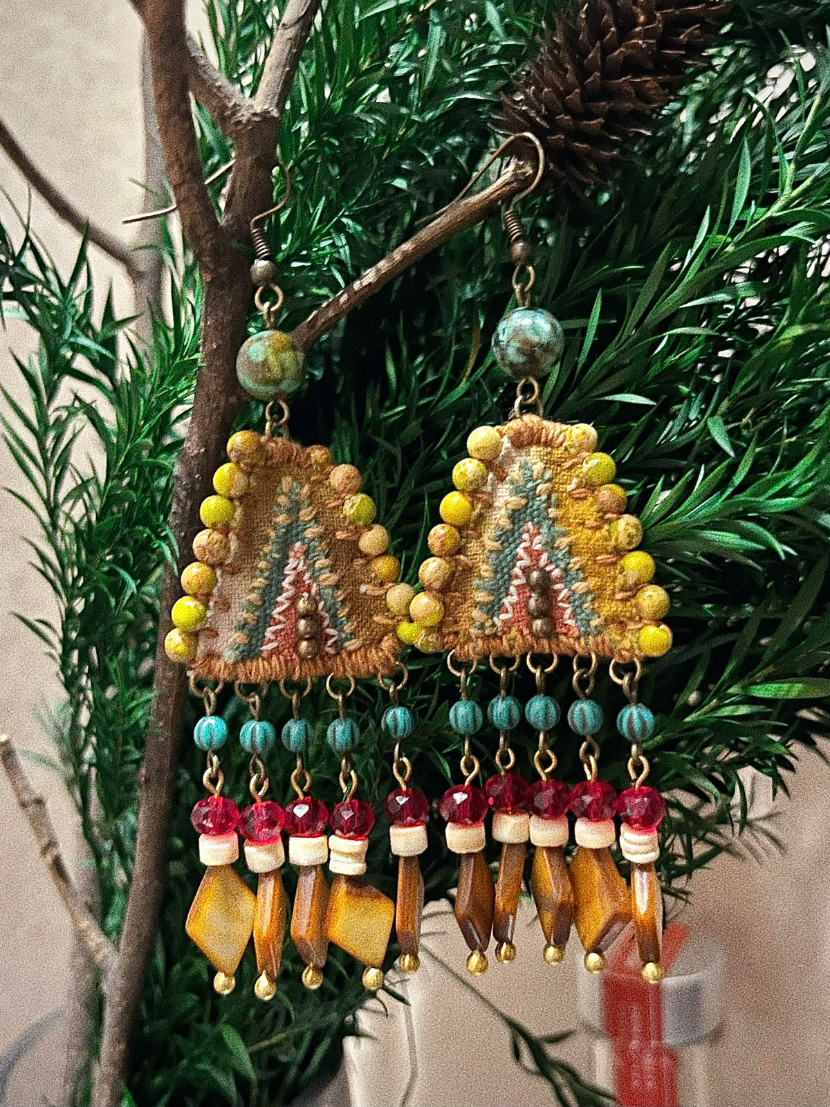 Bohemian Rainbow Fringe Earrings – Handwoven Gemstone & Fabric Tassels