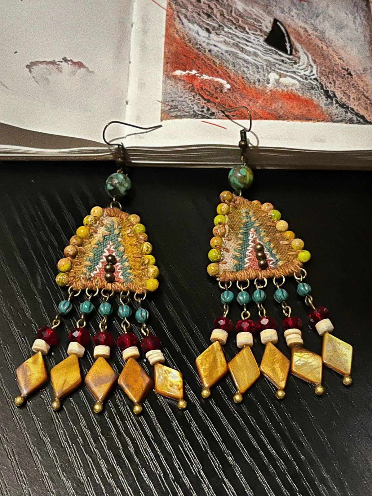 Bohemian Rainbow Fringe Earrings – Handwoven Gemstone & Fabric Tassels