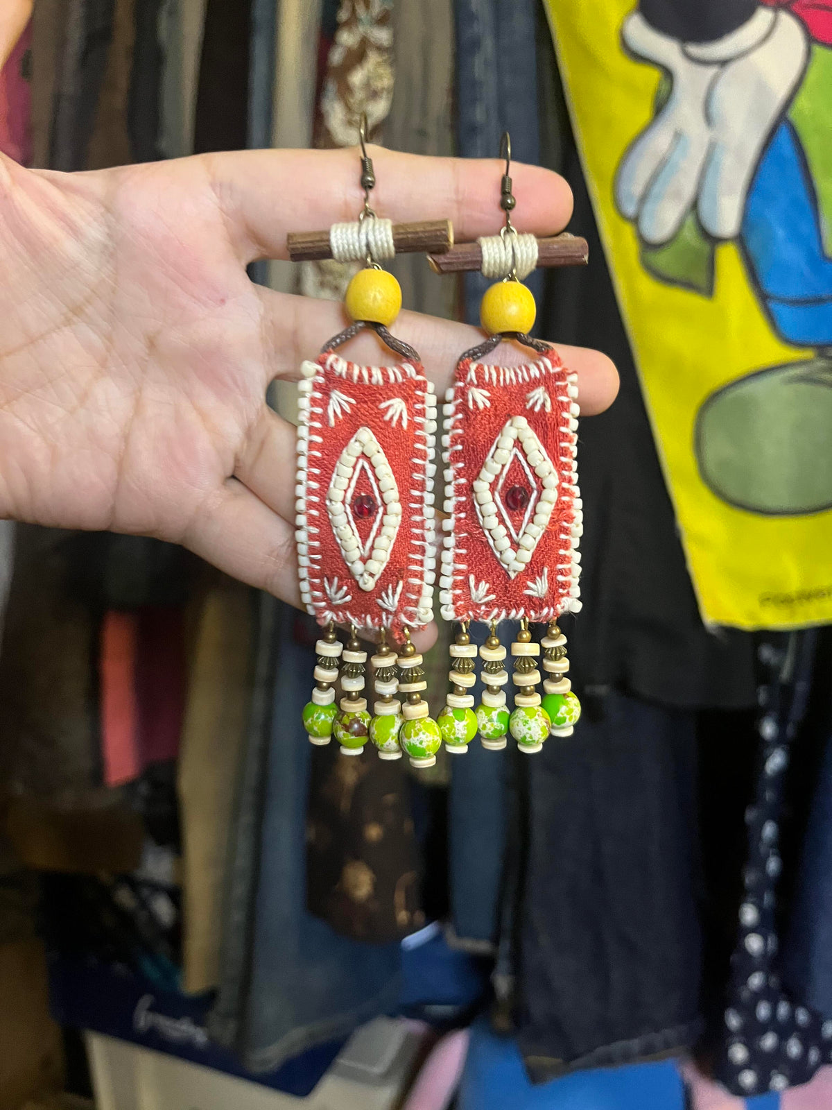 Regal Banner Stone Fringe Earrings – Handwoven Bohemian Heraldry