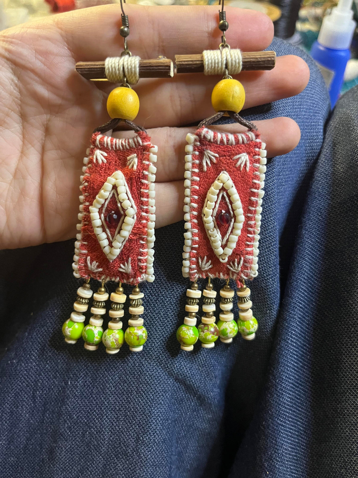 Regal Banner Stone Fringe Earrings – Handwoven Bohemian Heraldry