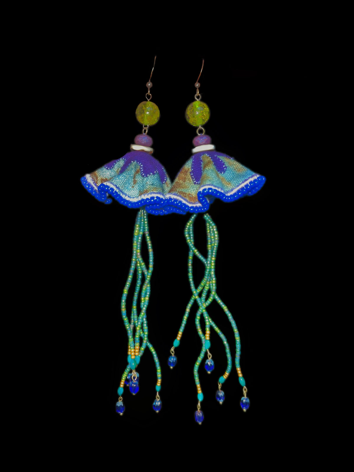Enchanted Jellyfish Silk & Gemstone Earrings – Ethereal Ocean Wearable Art