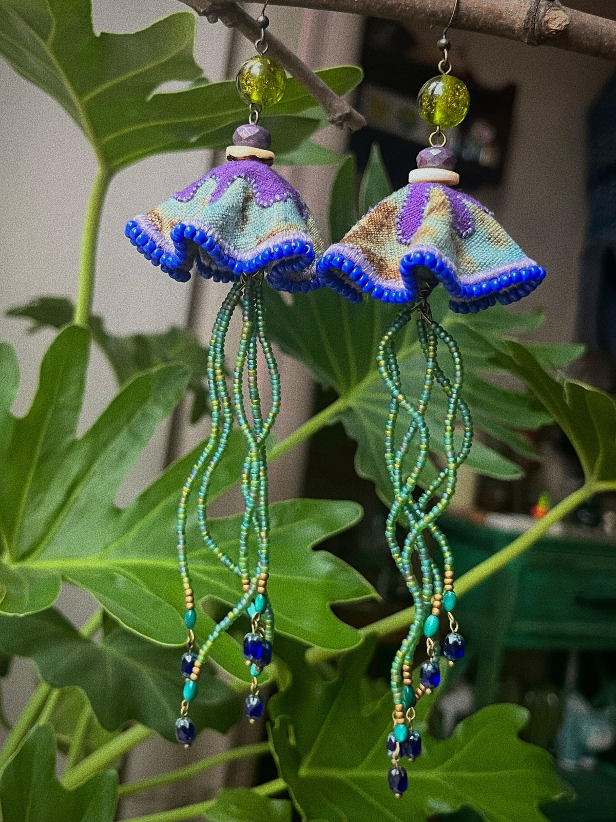 Enchanted Jellyfish Silk & Gemstone Earrings – Ethereal Ocean Wearable Art