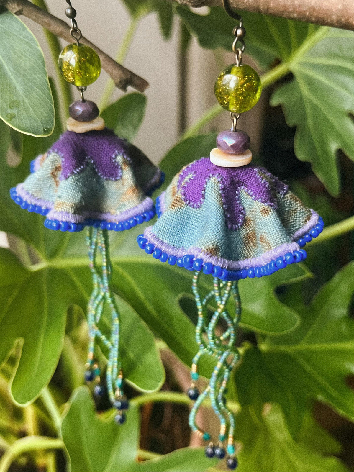Enchanted Jellyfish Silk & Gemstone Earrings – Ethereal Ocean Wearable Art