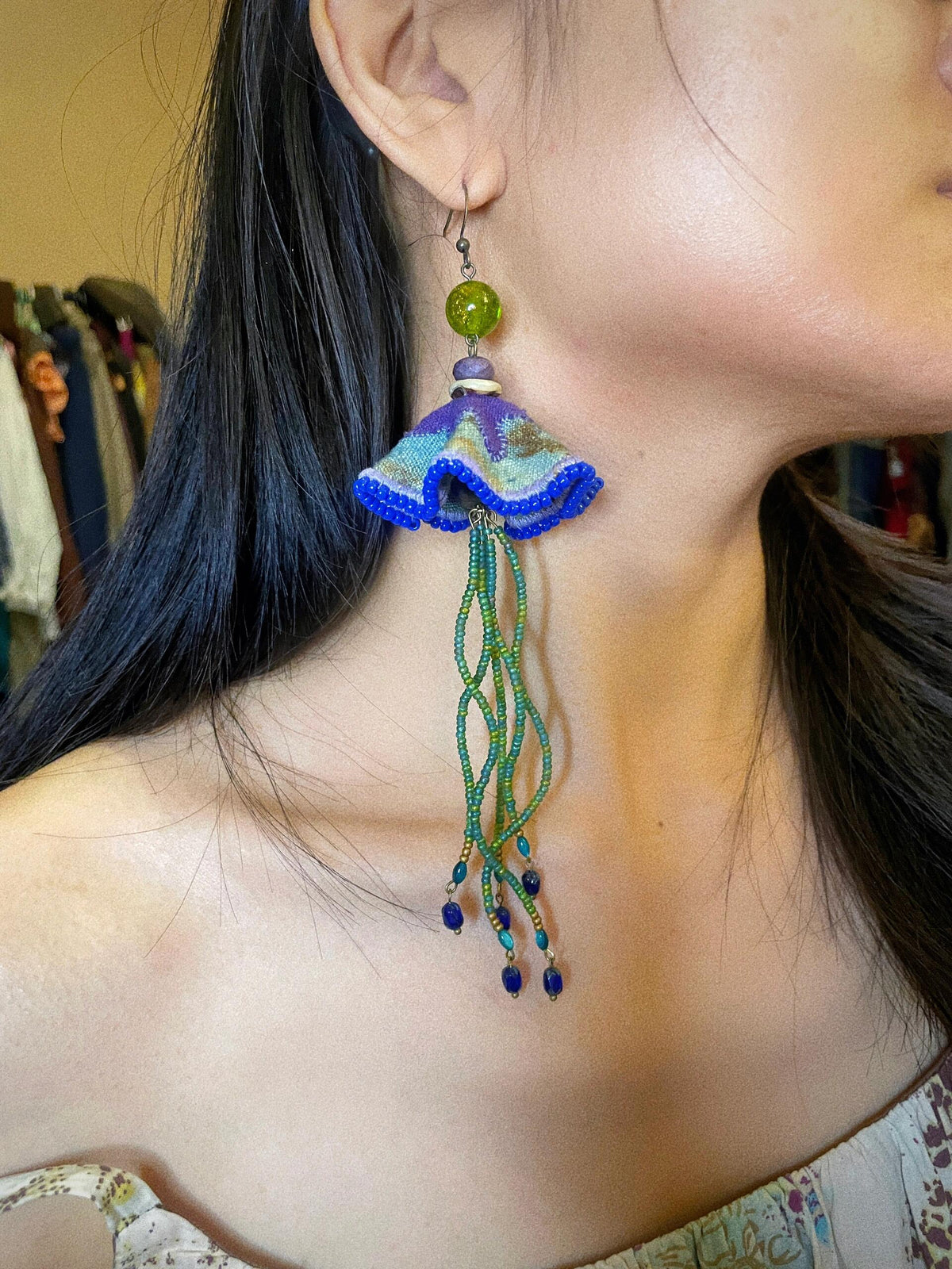 Enchanted Jellyfish Silk & Gemstone Earrings – Ethereal Ocean Wearable Art