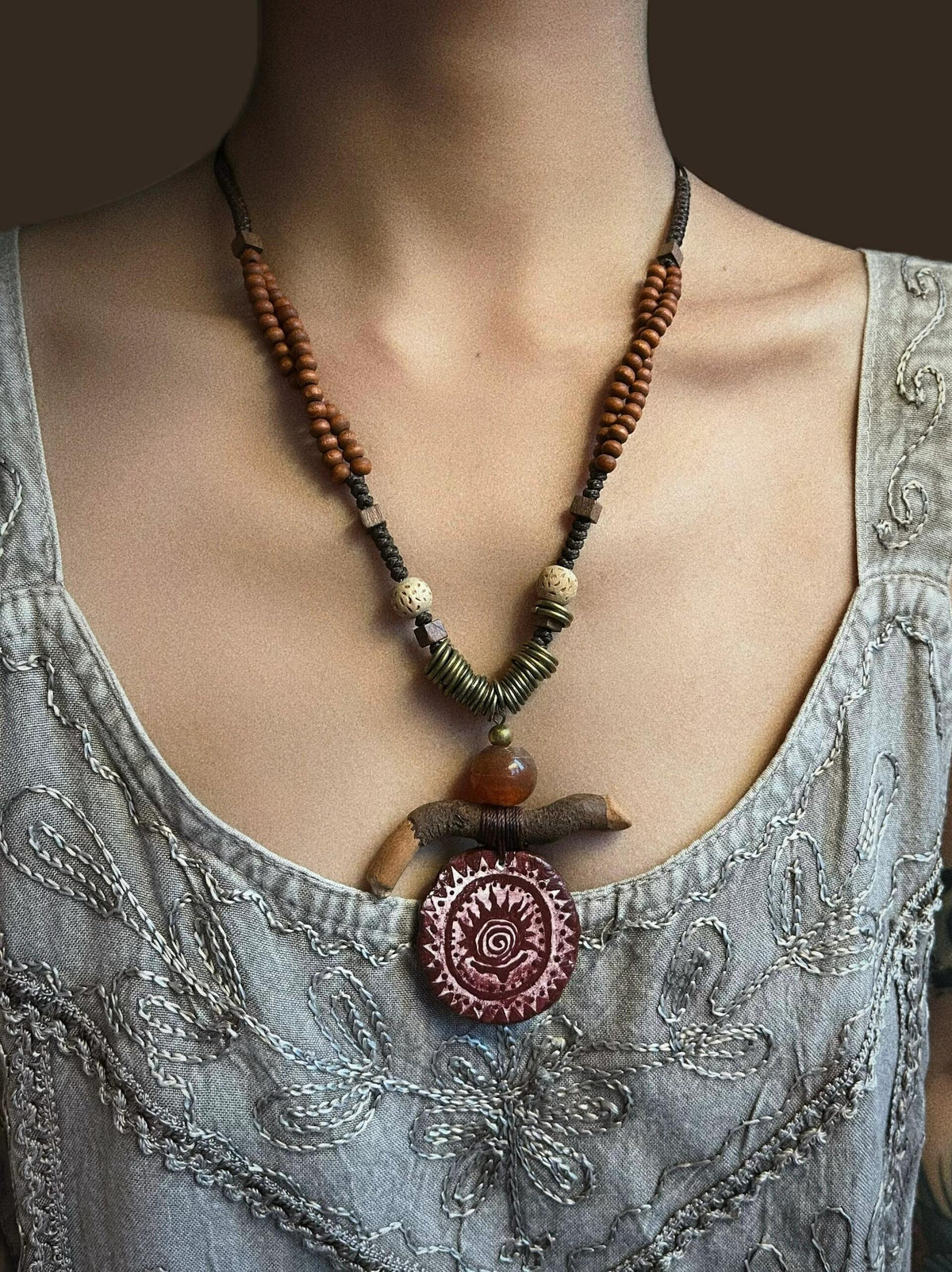 Tribal Spirit Hand-Painted Wood Necklace – Artisan Woven Statement Piece