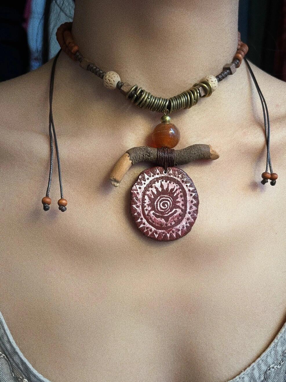 Tribal Spirit Hand-Painted Wood Necklace – Artisan Woven Statement Piece