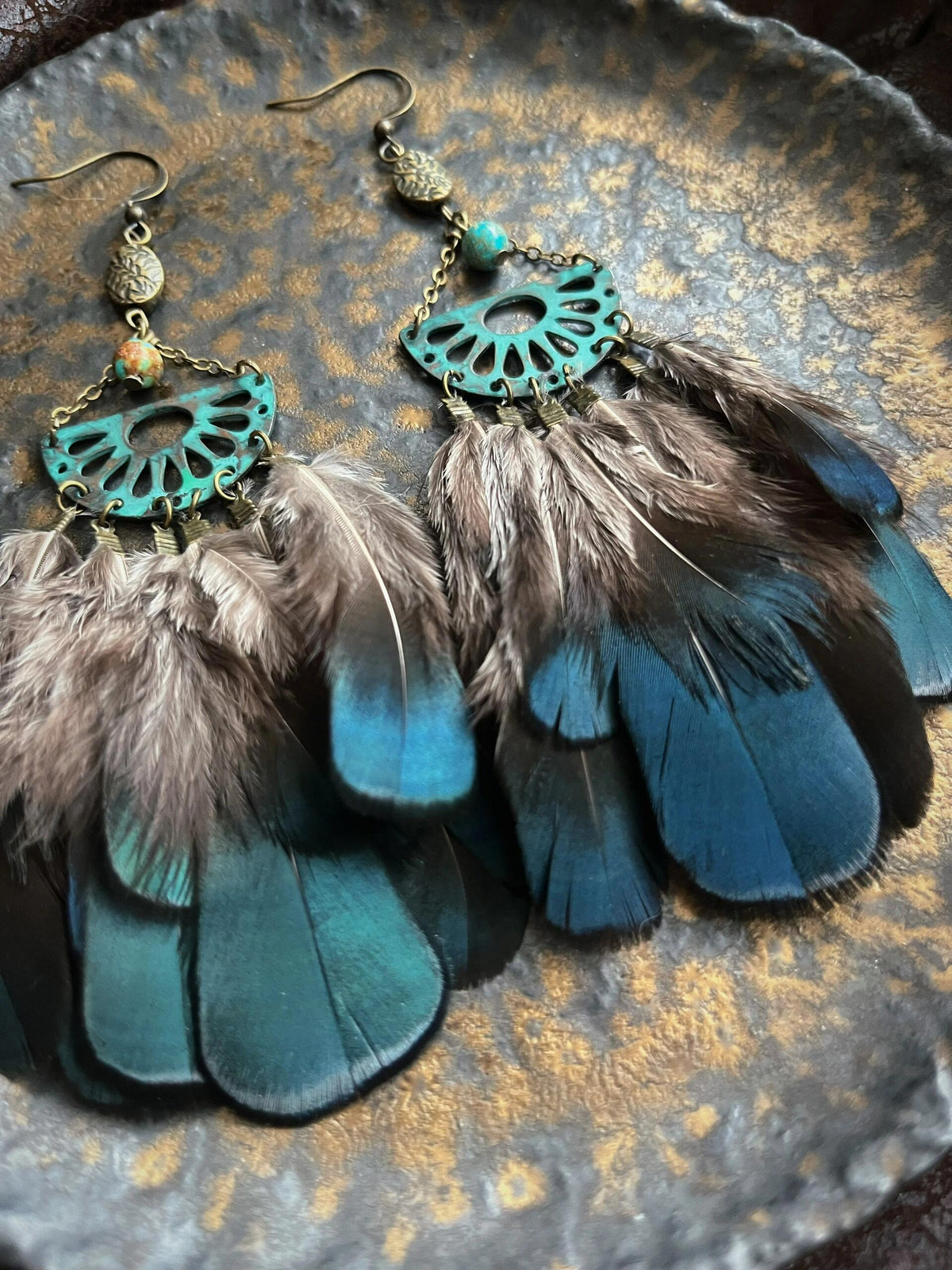 Bohemian Feather & Stone Artisan Earrings – Handcrafted Earthly Elegance