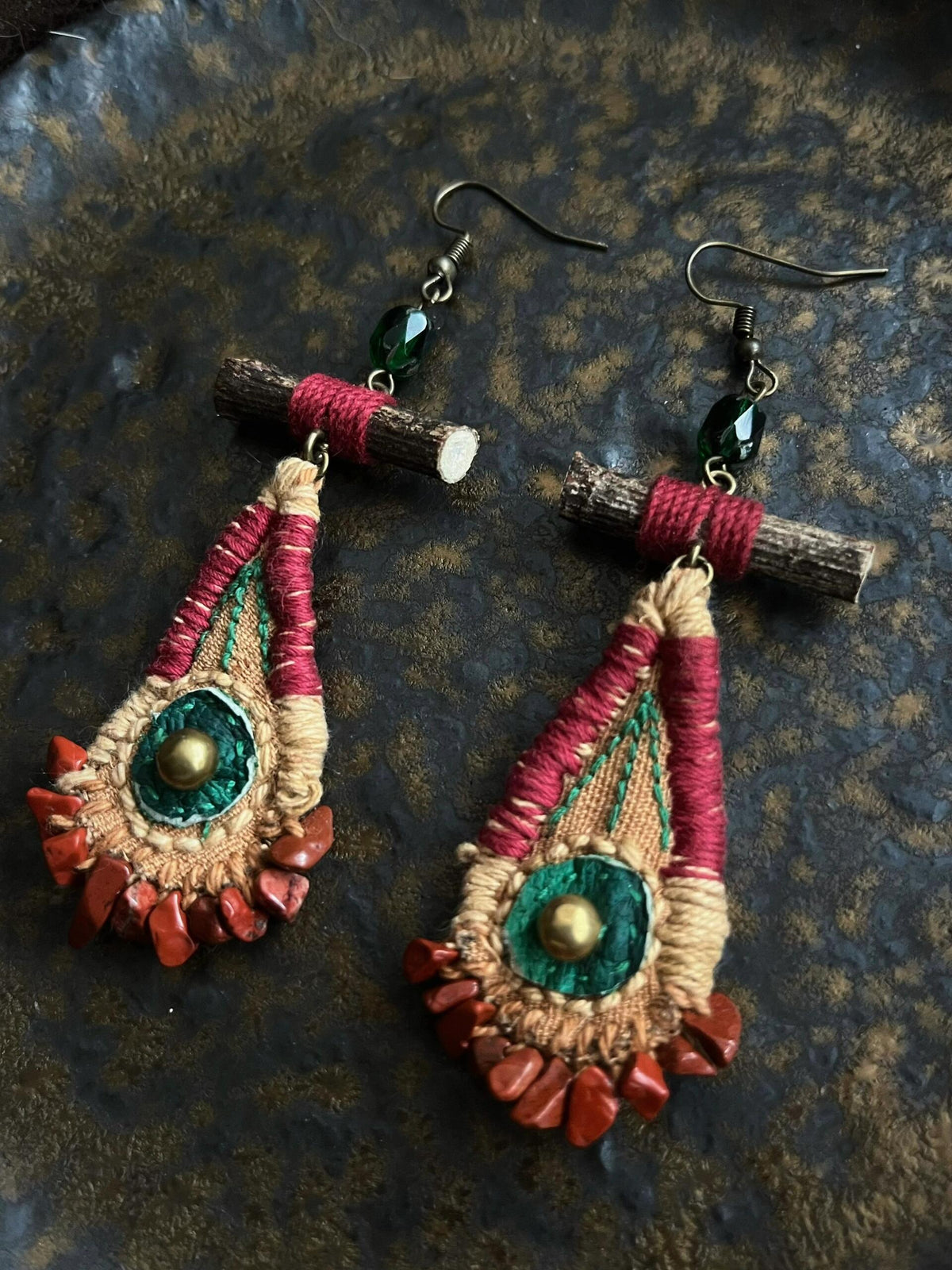 Bohemian Mini Wood & Fabric Woven Earrings – Playful Colorblock Hoops