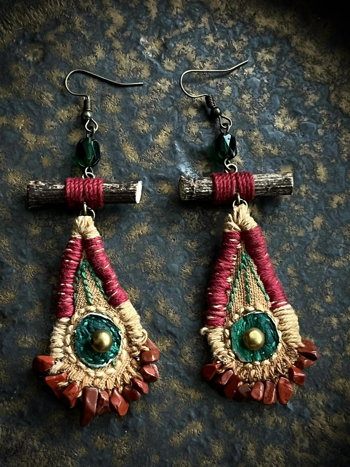 Bohemian Mini Wood & Fabric Woven Earrings – Playful Colorblock Hoops