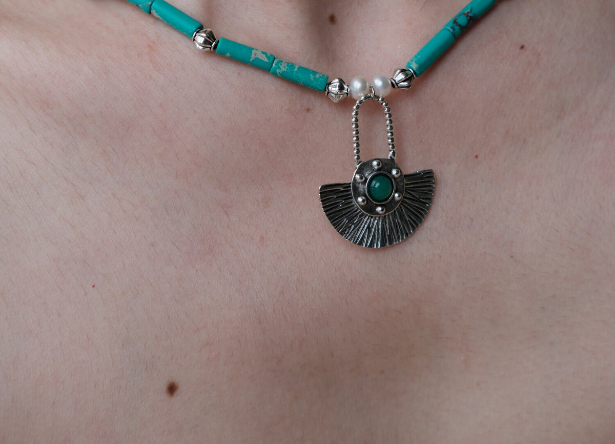 Tribal Malachite & Silver Fan Pendant Necklace – Earth’s Ancient Elegance