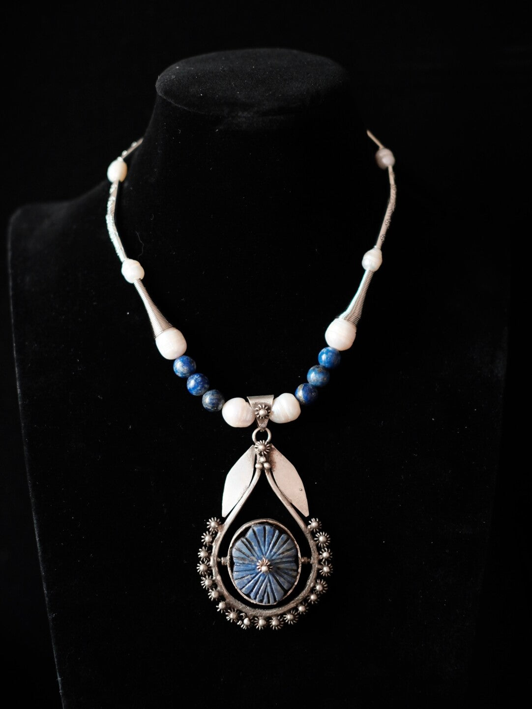 Tribal Artisan Necklace – Handcarved Lapis Lazuli & Sacred Shell Medallion